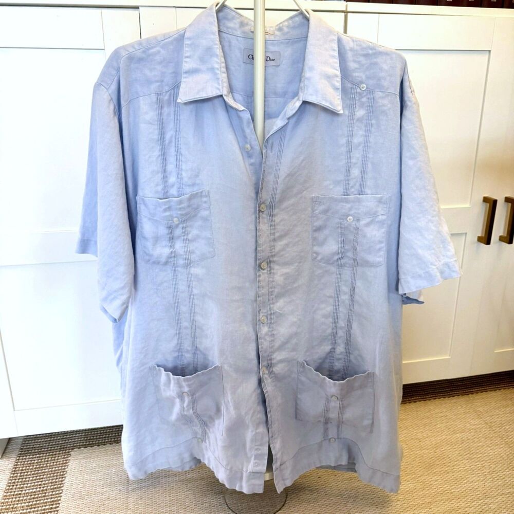 Christian Dior Men's XXL Guayabera Shirt 100% Linen Blue Short Sleeve Vintage